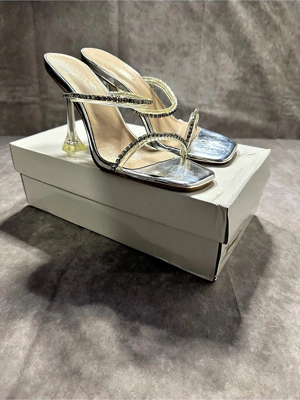 Diamond Square Toe Heels in Silver